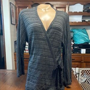 Eileen Fisher Gray Wrap Cardigan with Tie Waist and Long Sleeves size large